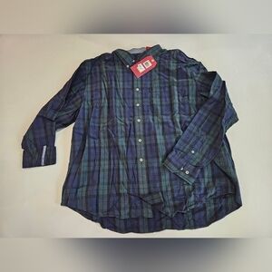 NEW IZOD Men 2XL Long Sleeve Shirt Green Blue Check Plaid Flip Cuffs Button Down